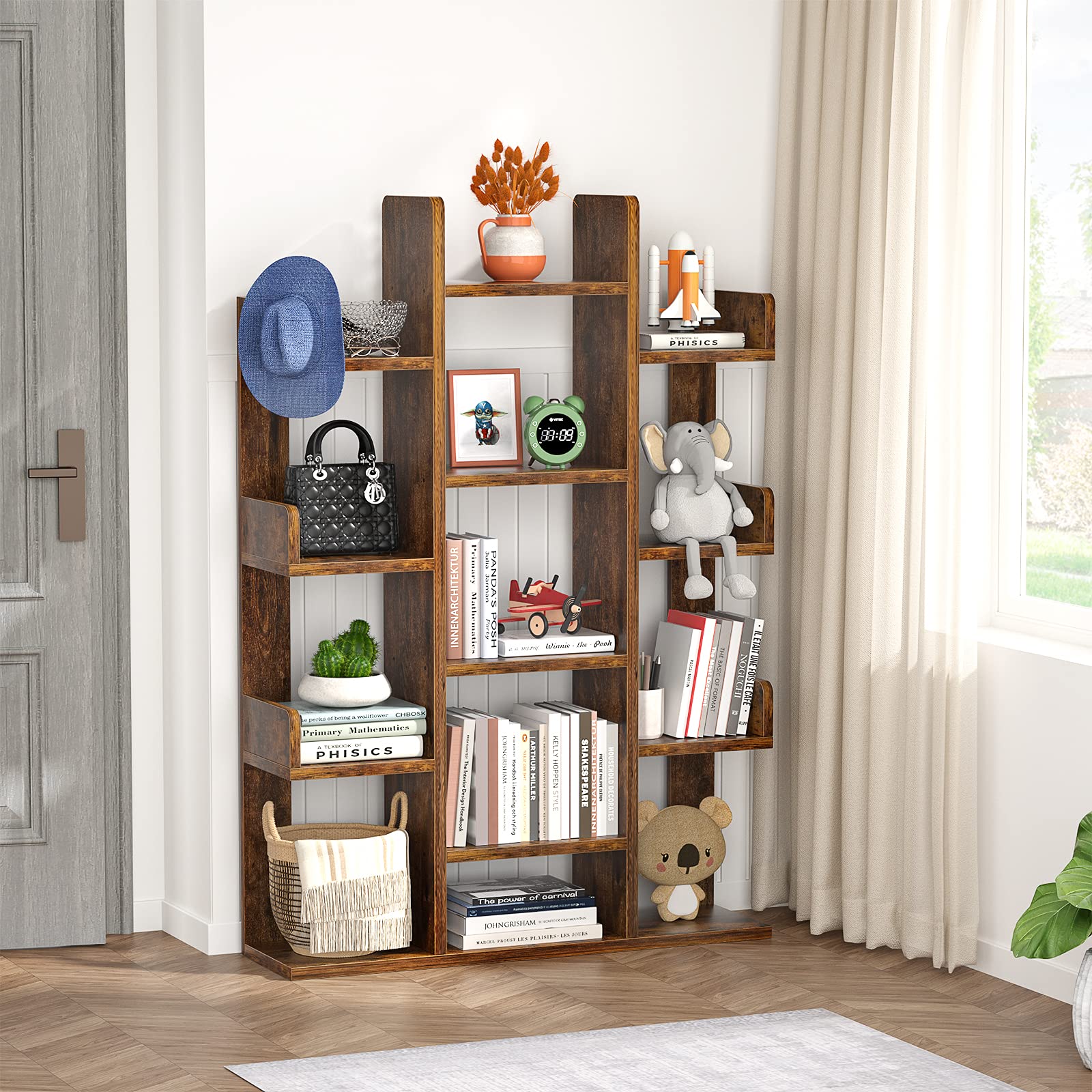 Bookshelf, Tree-Shaped Bookcase Storage Shelf with 13 compartments, Books Organizer Display Cube Shelves, Industrial Free Floor Standing Wood Open Bookshelves for Home