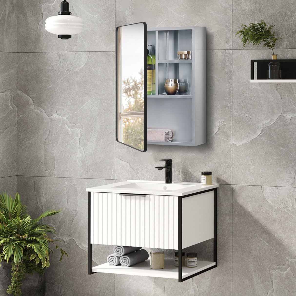 Stainless Steel Medicine Mirror Cabinet for Bathroom with Golden Framed Door