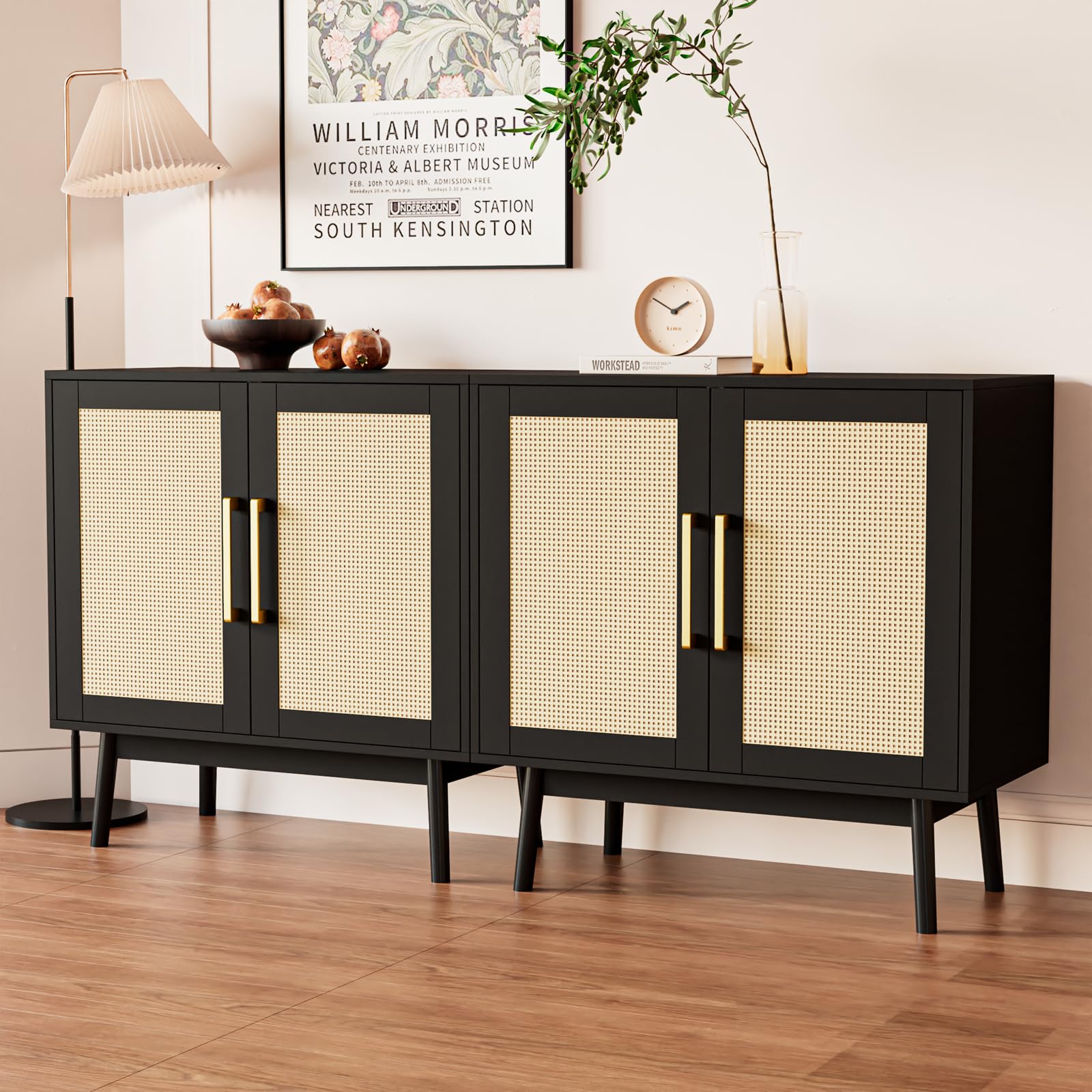 Buffet Cabinet, Rattan Cabinet, Set of 3, Storage Cabinet with 2 Doors