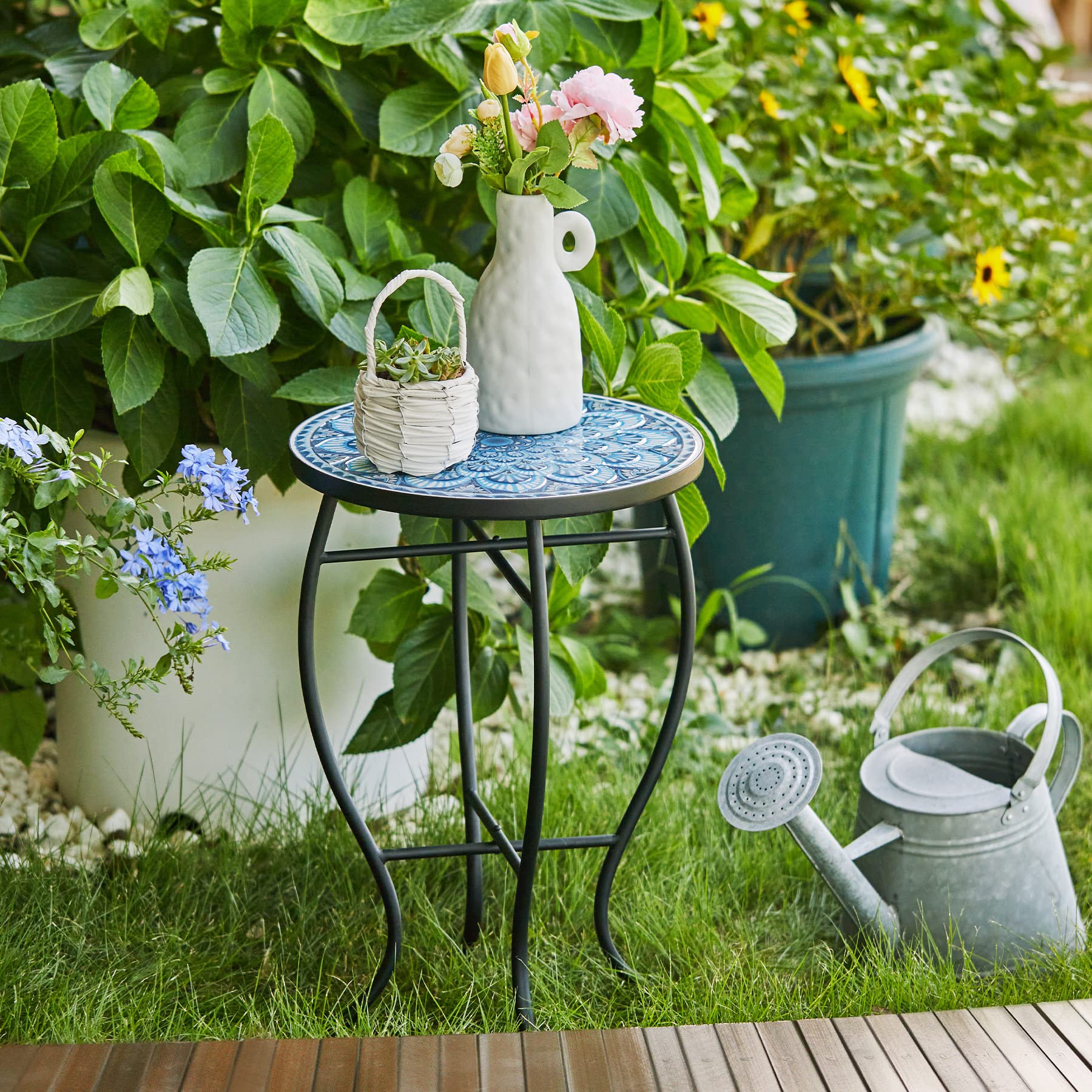 VONLUCE Mosaic Side Table and Plant Stand, 21" Round End Table with 14" Ceramic Tile Top, Indoor & Outdoor Accent Table, Porch Patio Furniture, Entryway & Coffee Table for Home & Garden, Blue Mandala - Bircata