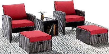 5-Piece Patio Furniture Set, Wicker Rattan Outdoor Chairs with Ottomans