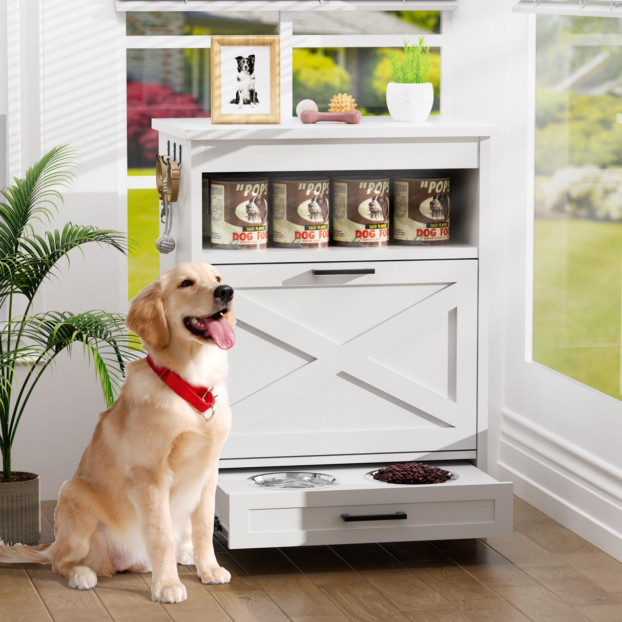 Dog Food Storage Cabinet with Elevated Bowls