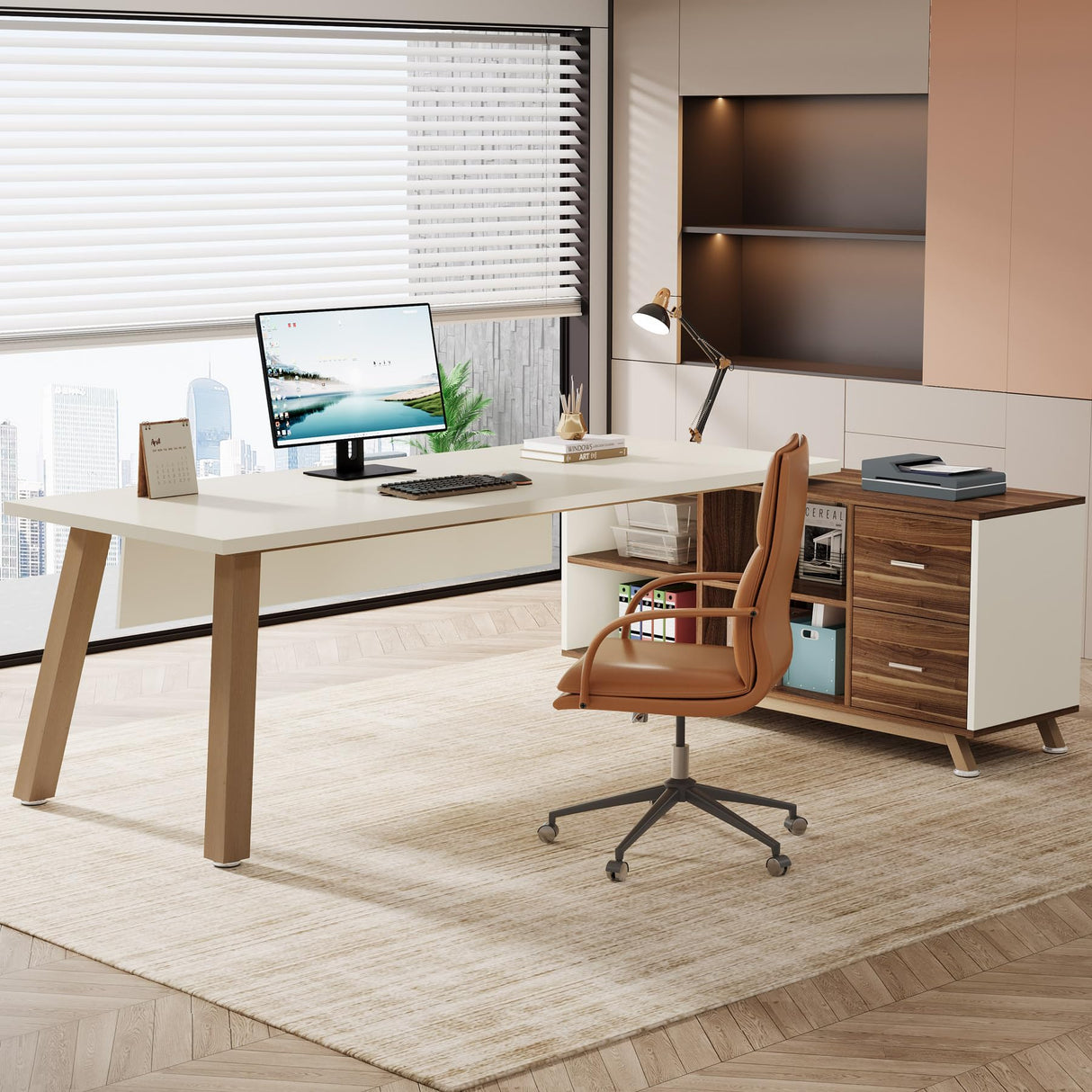 71-Inch Executive Desk, L-Shaped Desk with 55-Inch Cabinet, Large Office Desk