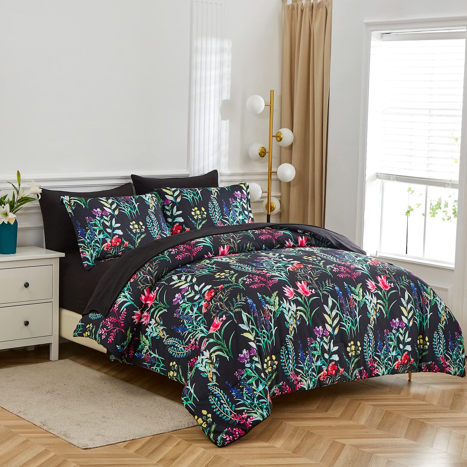 7 Piece Bed in a Bag Floral Comforter Set, Botanical Flowers Comforter and Sheet Set