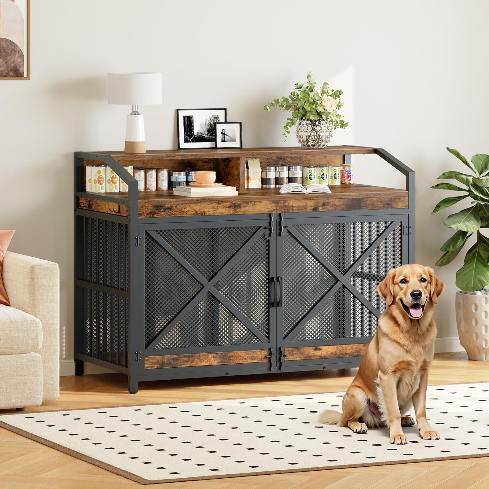 43.3" Dog Crate Furniture with LED Lights & Storage Shelves