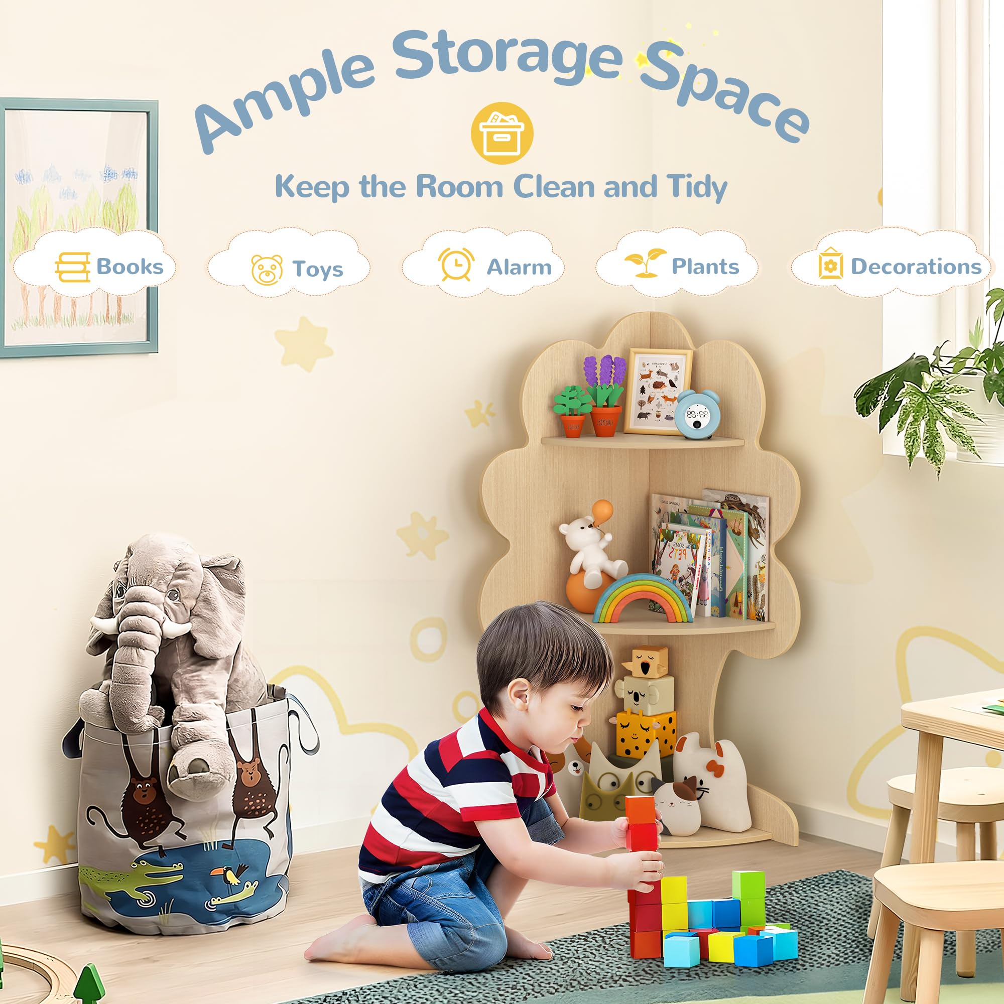 Curipeer Tree Kids Bookshelf, Corner Bookshelf Kids, Bookshelf for Kids, Baby Bookshelf and Toy Storage, Wooden Kids Bookcase, Toddler Book Shelf Organizer for Kids Rooms, Nursery, Natural Wood