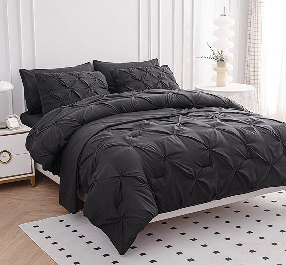 Queen Comforter Set – 7 Piece Bed in a Bag – Pinch Pleated Queen Size Bedding Set