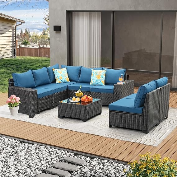 5 Pieces Patio Furniture Set All-Weather Outdoor Wicker Sectional Conversation Sofa