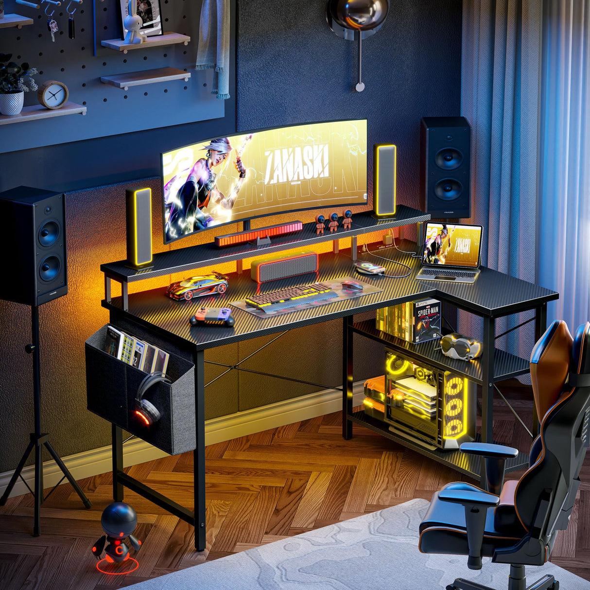 Gaming Desk with Power Outlets and LED Lights, 47 Inch L Shaped Computer Desk