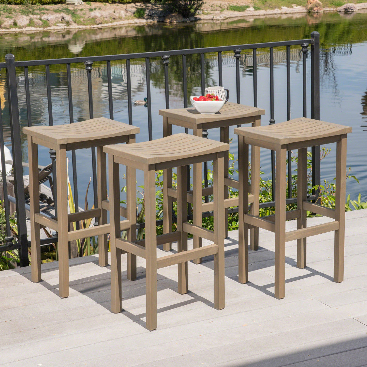 Caribbean Outdoor 30" Acacia Wood Barstools, 4-Pcs Set, Grey Finish