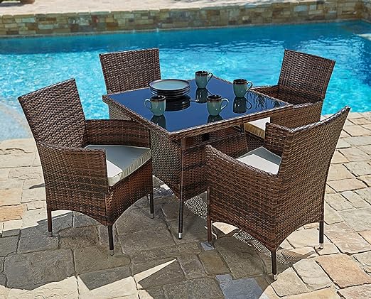 5 Piece Outdoor Dining Set All-Weather Wicker Patio Dining Table and Chairs