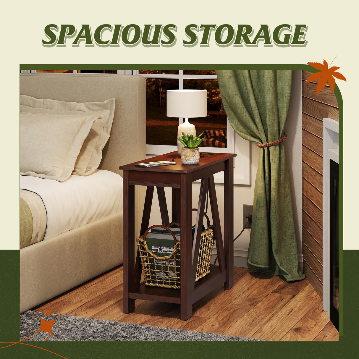 Narrow End Table with Charging Station of Open Storage Shelf，Sofa Side Table