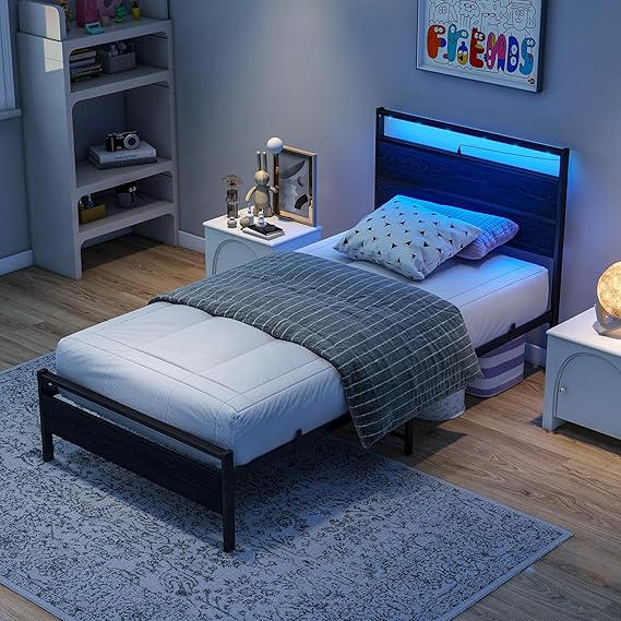 Queen Metal Platform Bed Frame with LED Headboard & USB Charging