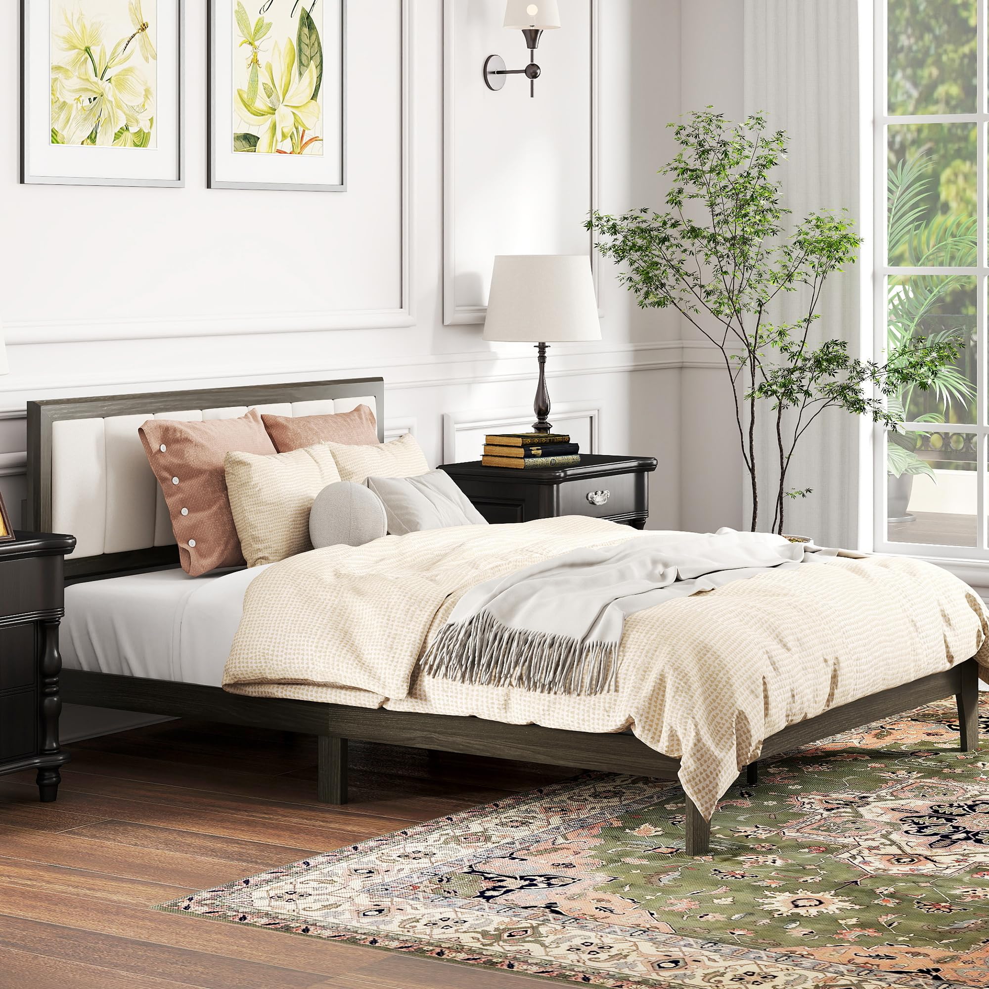 Queen Size Upholstered Platform Bed Frame with Wooden Slats - Charcoal Gray