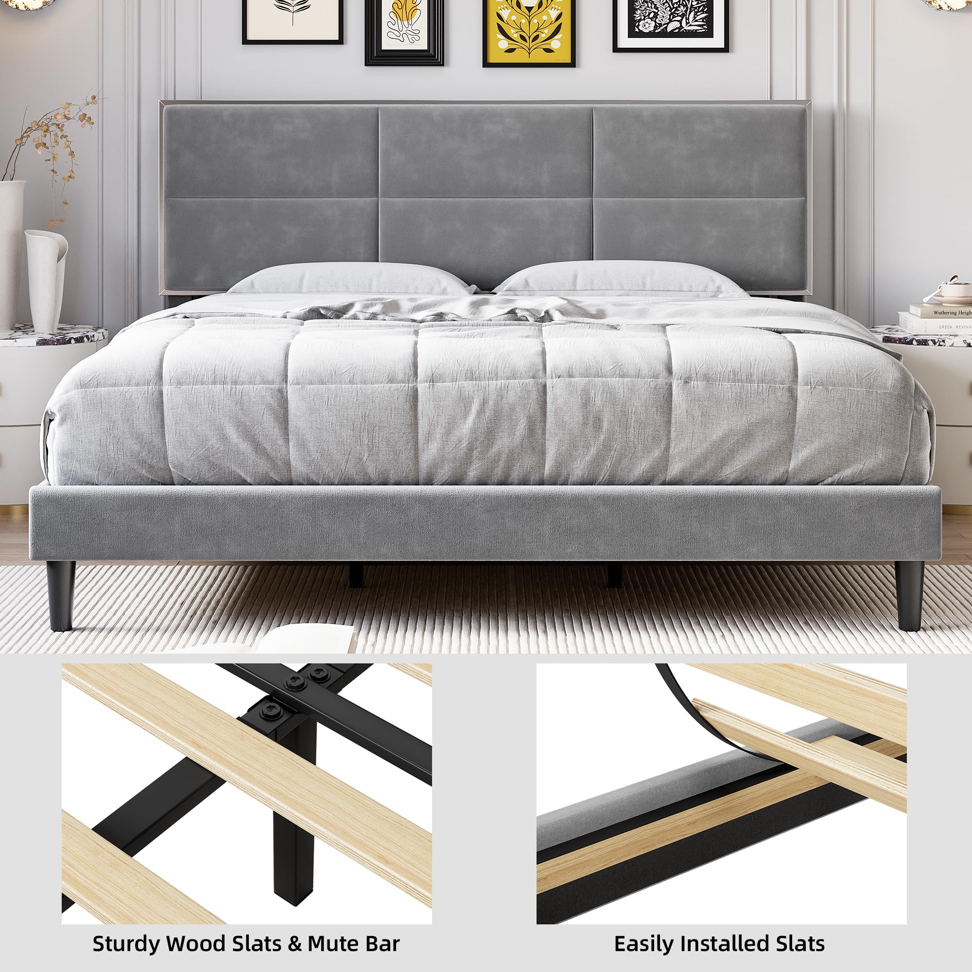 Queen Size Velvet Bed Frame with Headboard, Modern Upholstered Platform Bed,