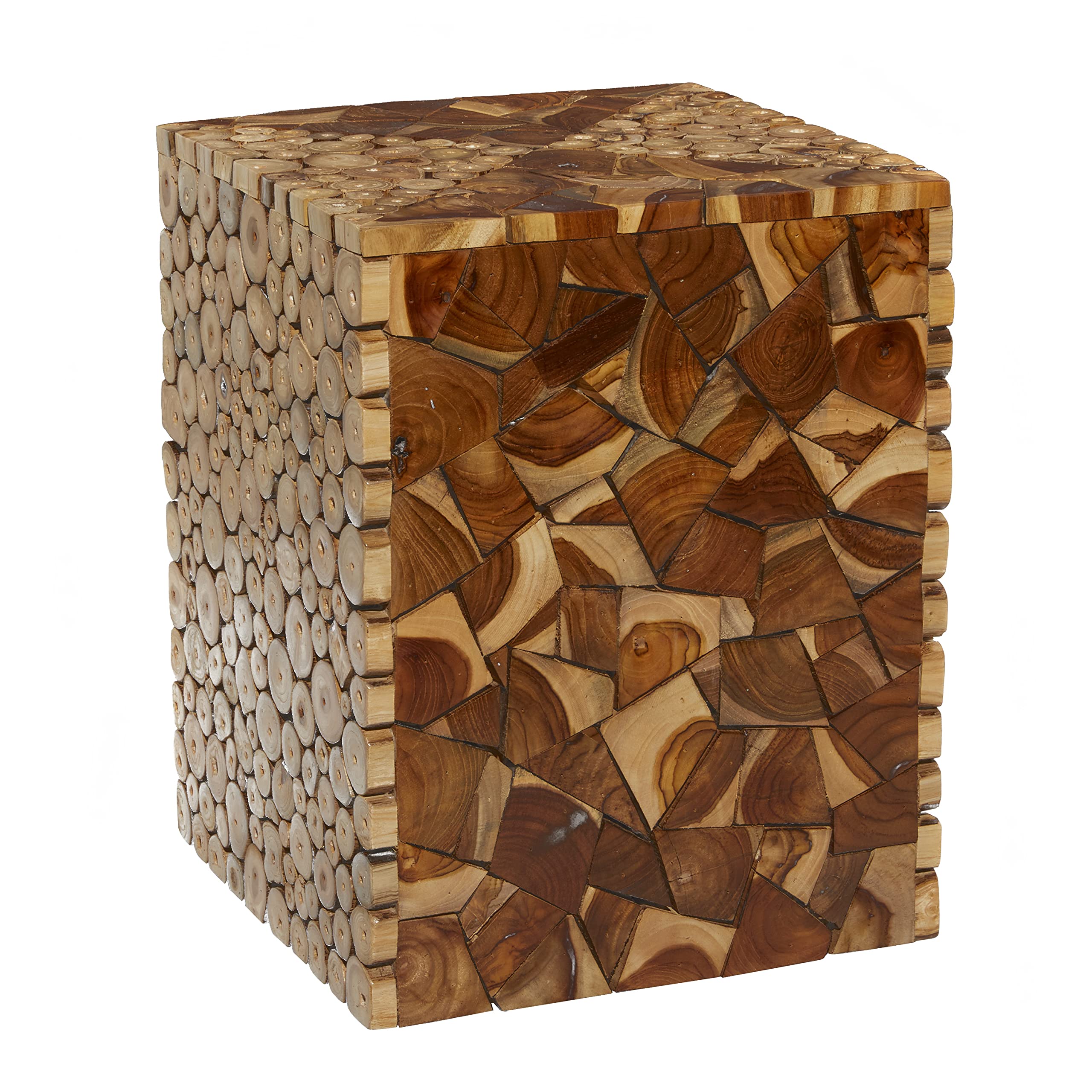 Teak Wood Handmade Side End Accent Table End Table with Mosaic Wood Chip Design