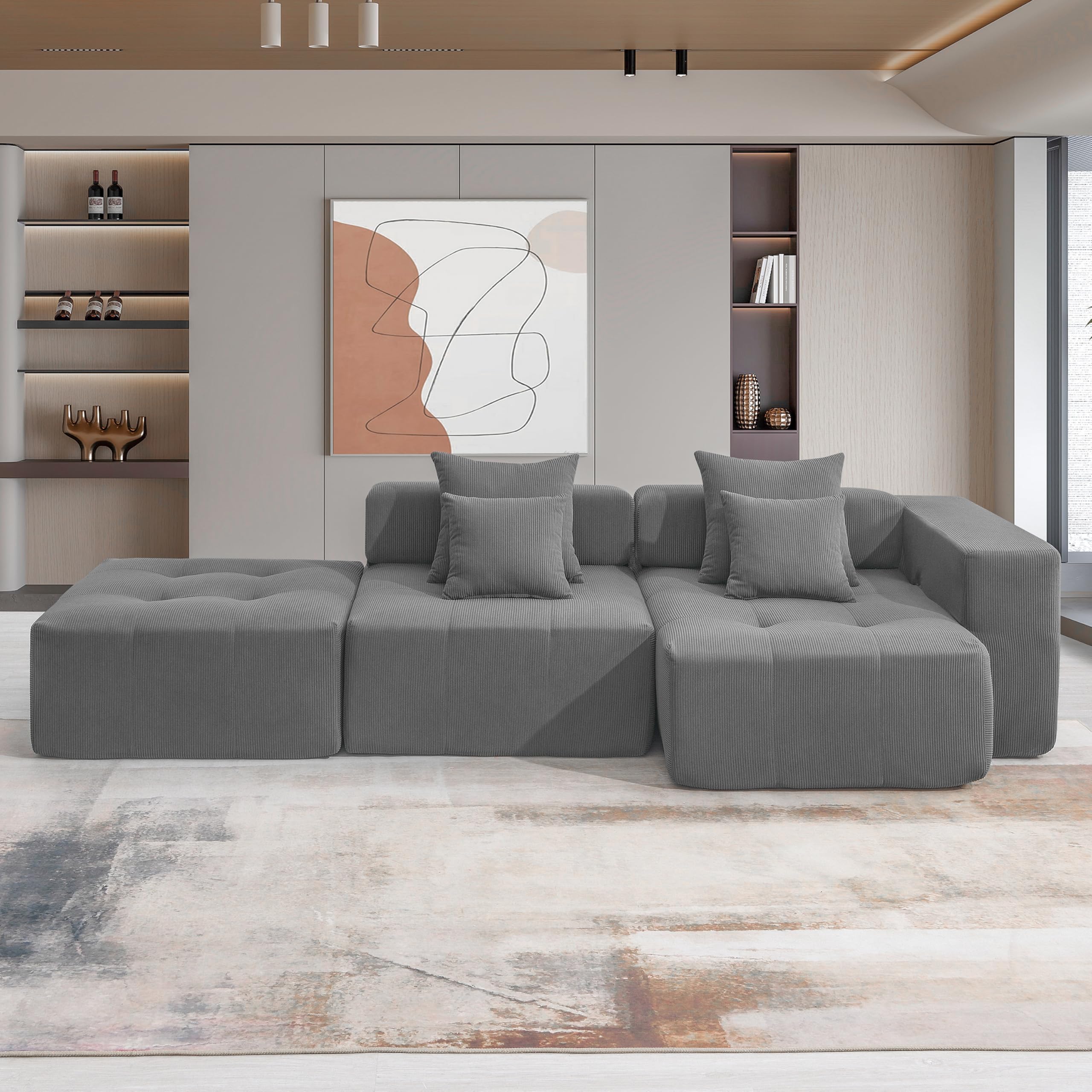 105.5" Deep Seat L Shaped Sectional Sofa, Minimalist Modern Floor Cloud Couch Set,