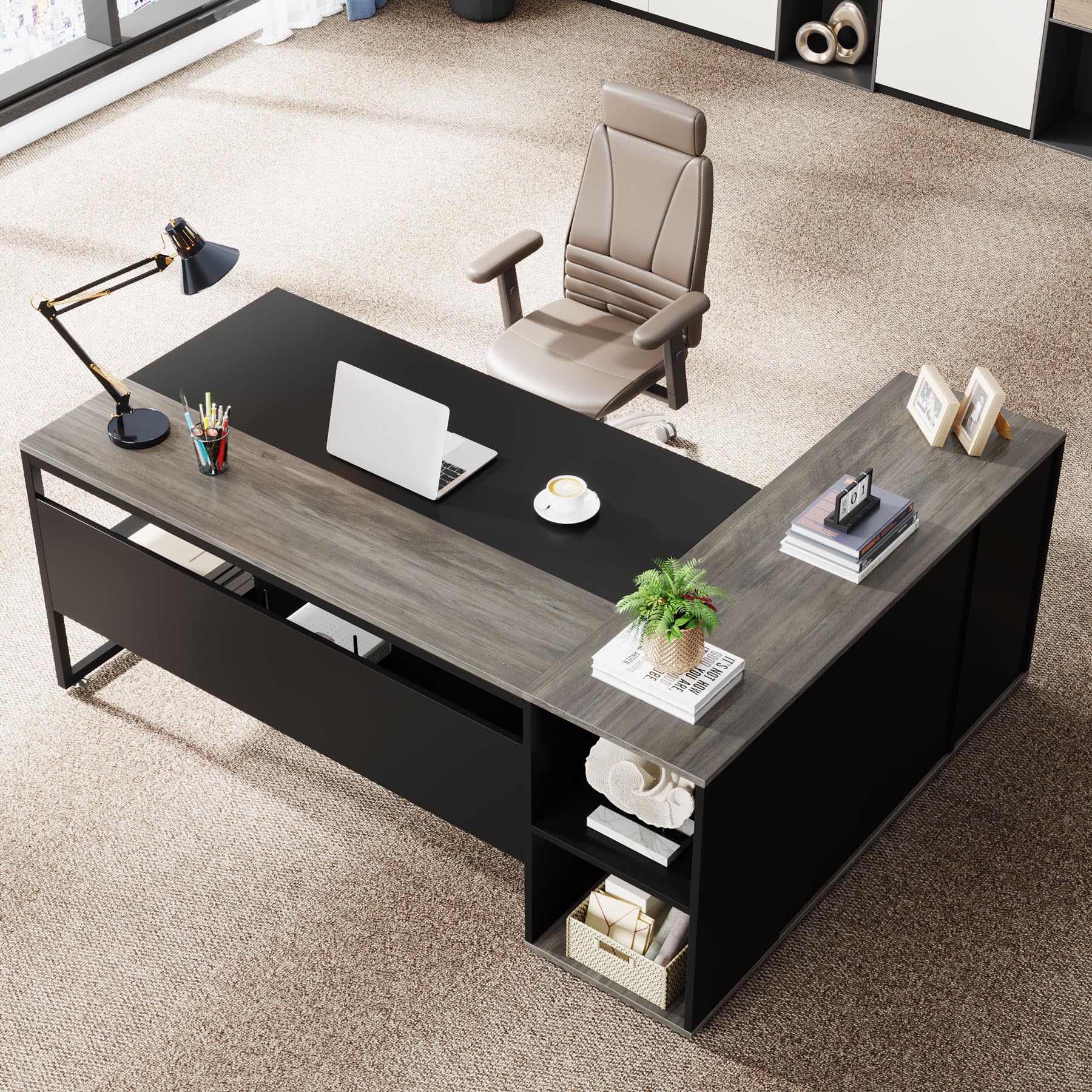 Large Executive Desk with File Cabinet, 71 inch L Shaped Computer Desk Office Desk
