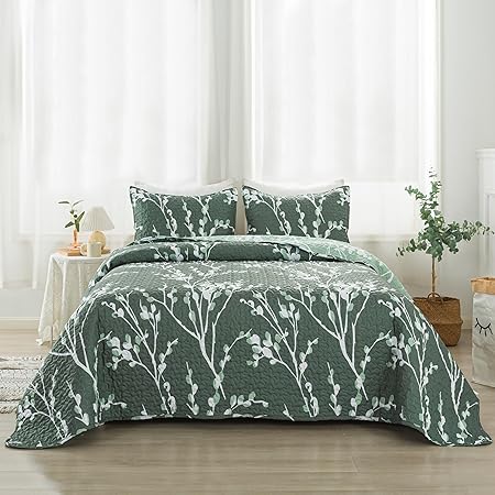 Summer Quilt Sets Queen Grey Blue (96x90 Inch), 3 Pieces Floral Lightweight