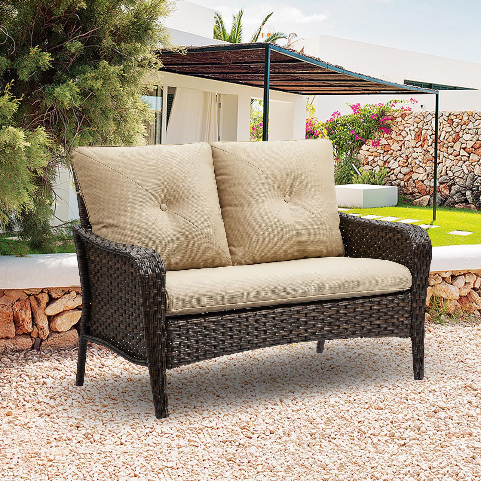 Outdoor Loveseat Sofa,2-Seater PE Wicker Outdoor Couch Porch High Back and Deep Seat Sofa Furniture for Backyard, Deck, Poolside （Brown/Beige）