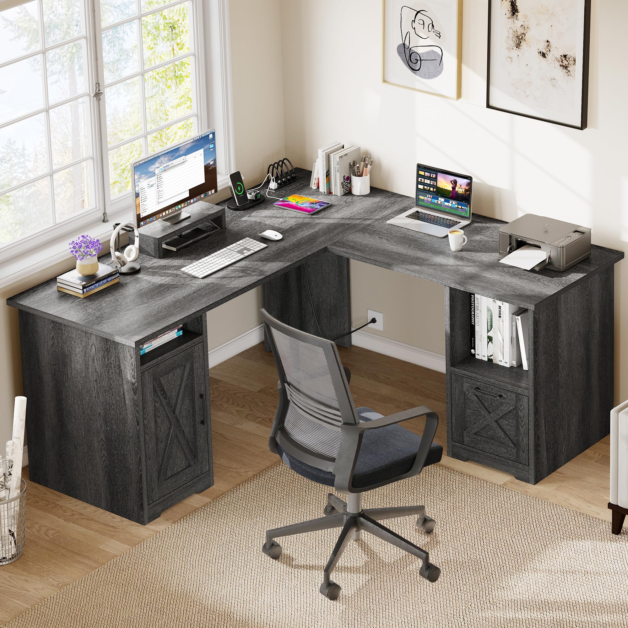PowerMax 60” L-Shaped Computer Desk with USB & Power Outlets