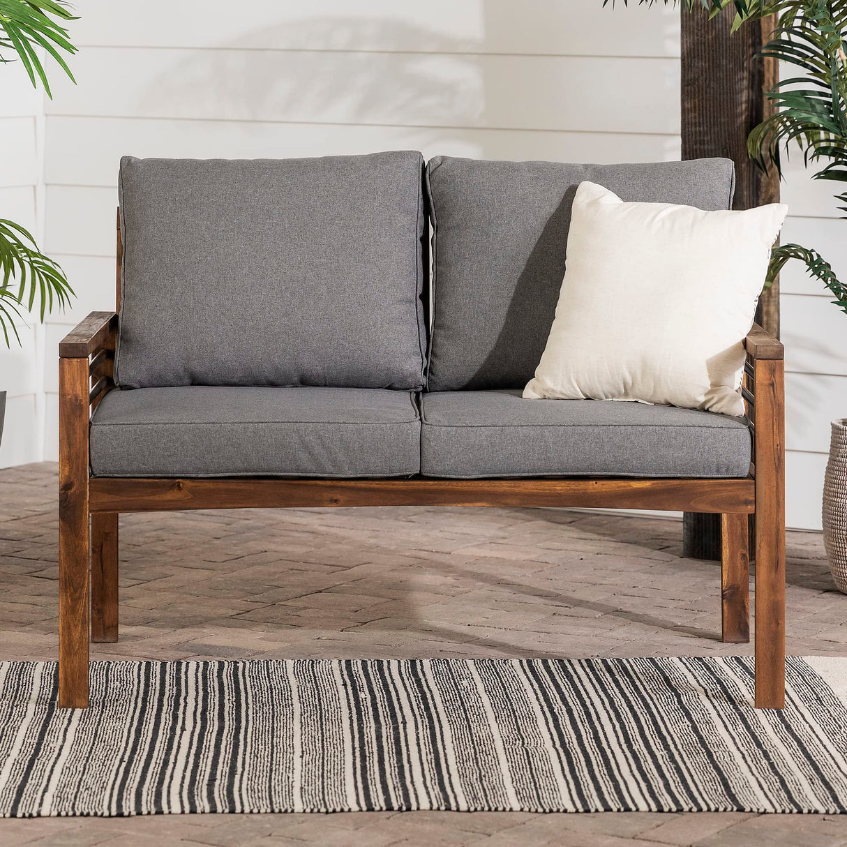 2 Person Outdoor Patio Modern Wood and Metal Loveseat with Washable Cushions