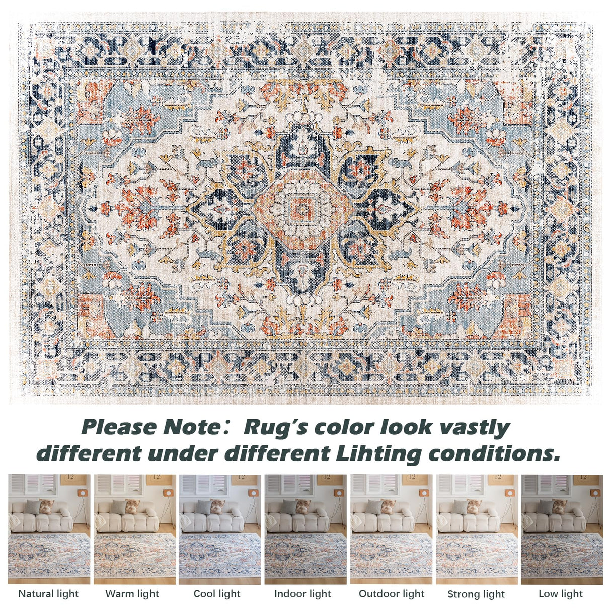 VK VK·LIVING Machine Washable Rug 9'x12' Vintage Design Washable Area Rugs with Non Slip Rugs for Living Room Bedroom Traditional Woven Rug Carpet Stain Resistant,Rug Decor Office Boho Rug,Blue&Orange