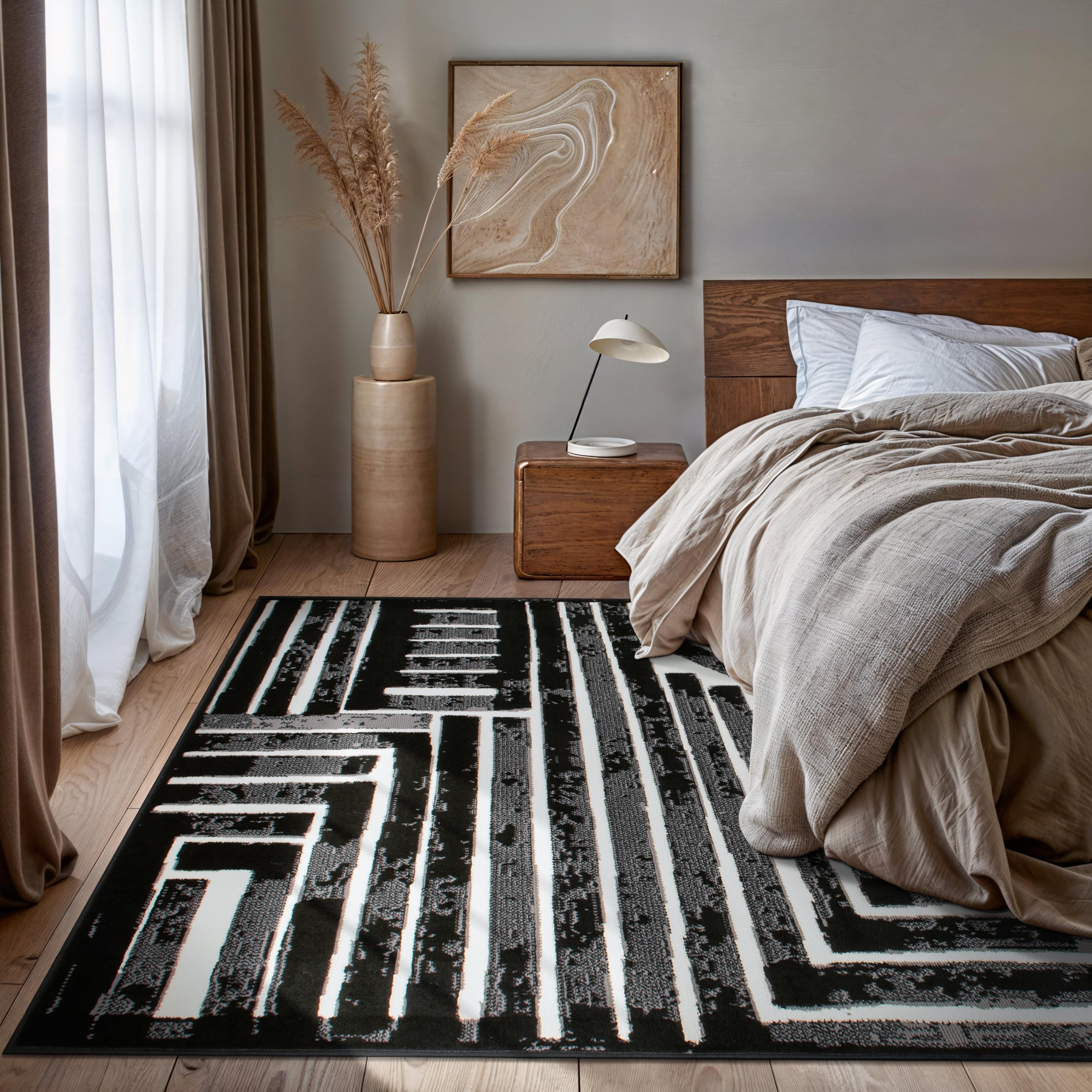 Rugshop Contemporary Stripe Design High Traffic Area Rug 7'10" x 10' Black