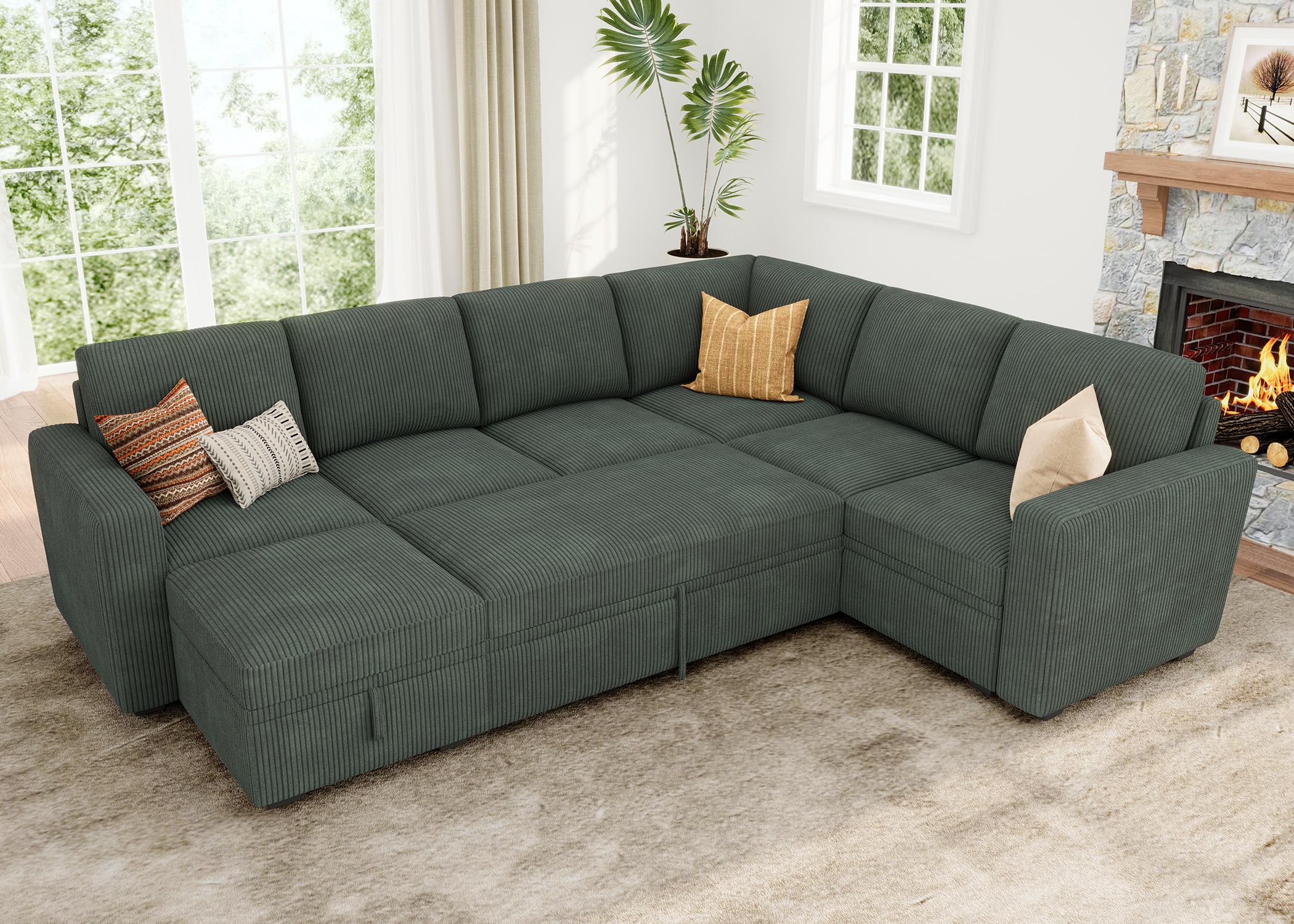 Modular Sectional Sleeper Sofa with Pull Out Bed, Corduroy Sectional Couch