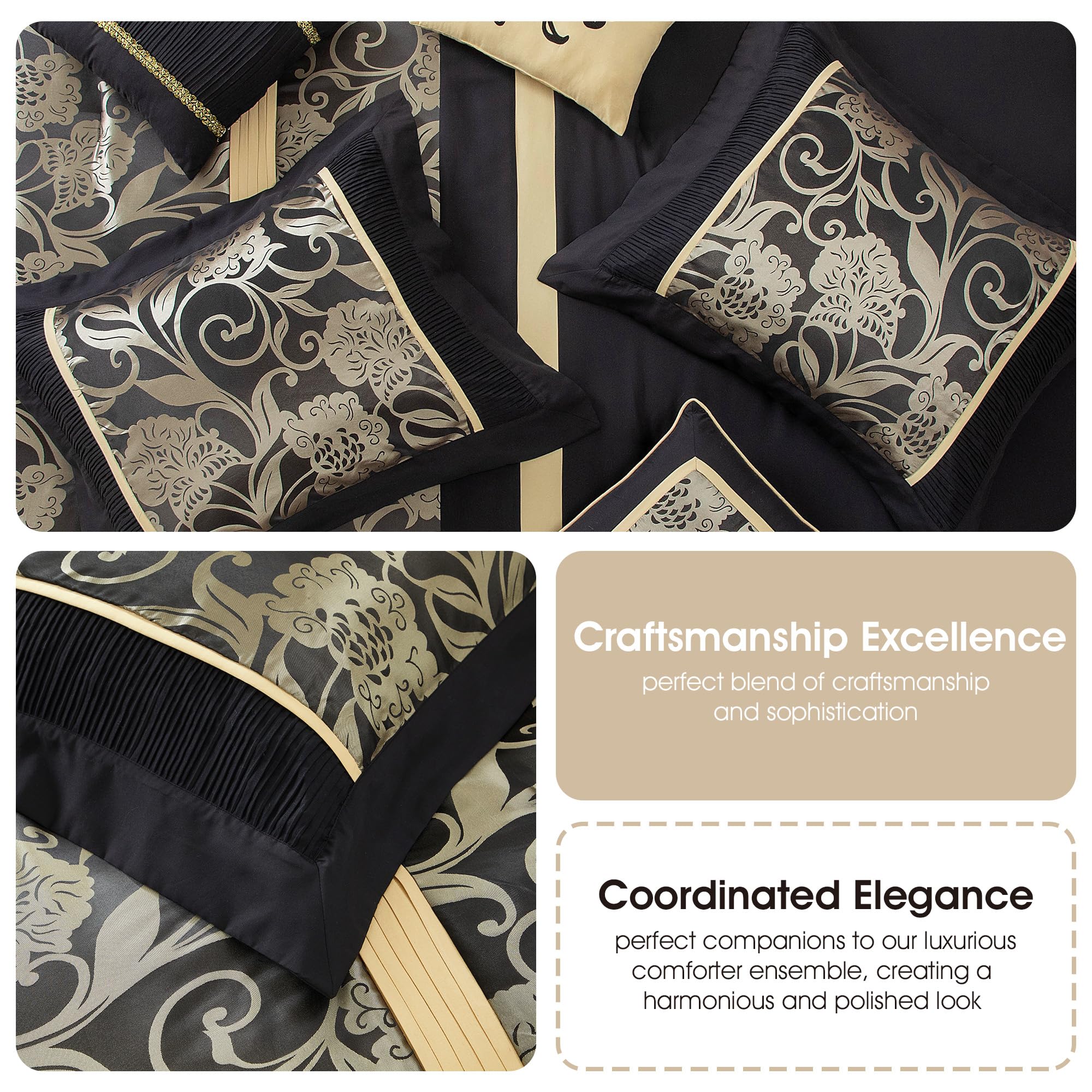 Black and Gold Comforter Set Queen - 9 Piece Jacquard Floral Bedding