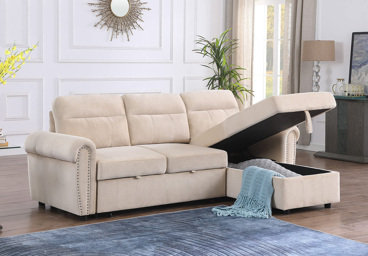 Ashton Beige Velvet Fabric Reversible Sleeper Sectional Sofa Chaise