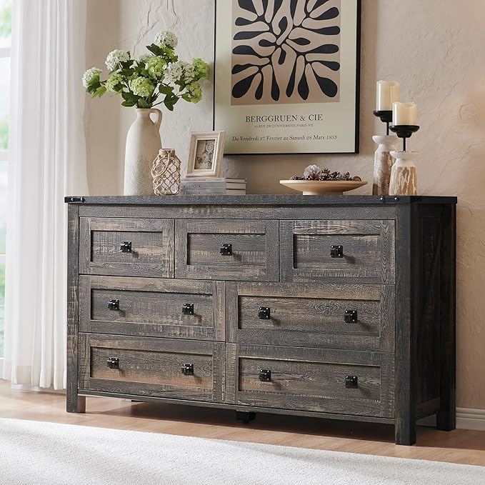 6 Drawer Dresser for Bedroom, 54 Inch Wide Rustic Wood Dresser