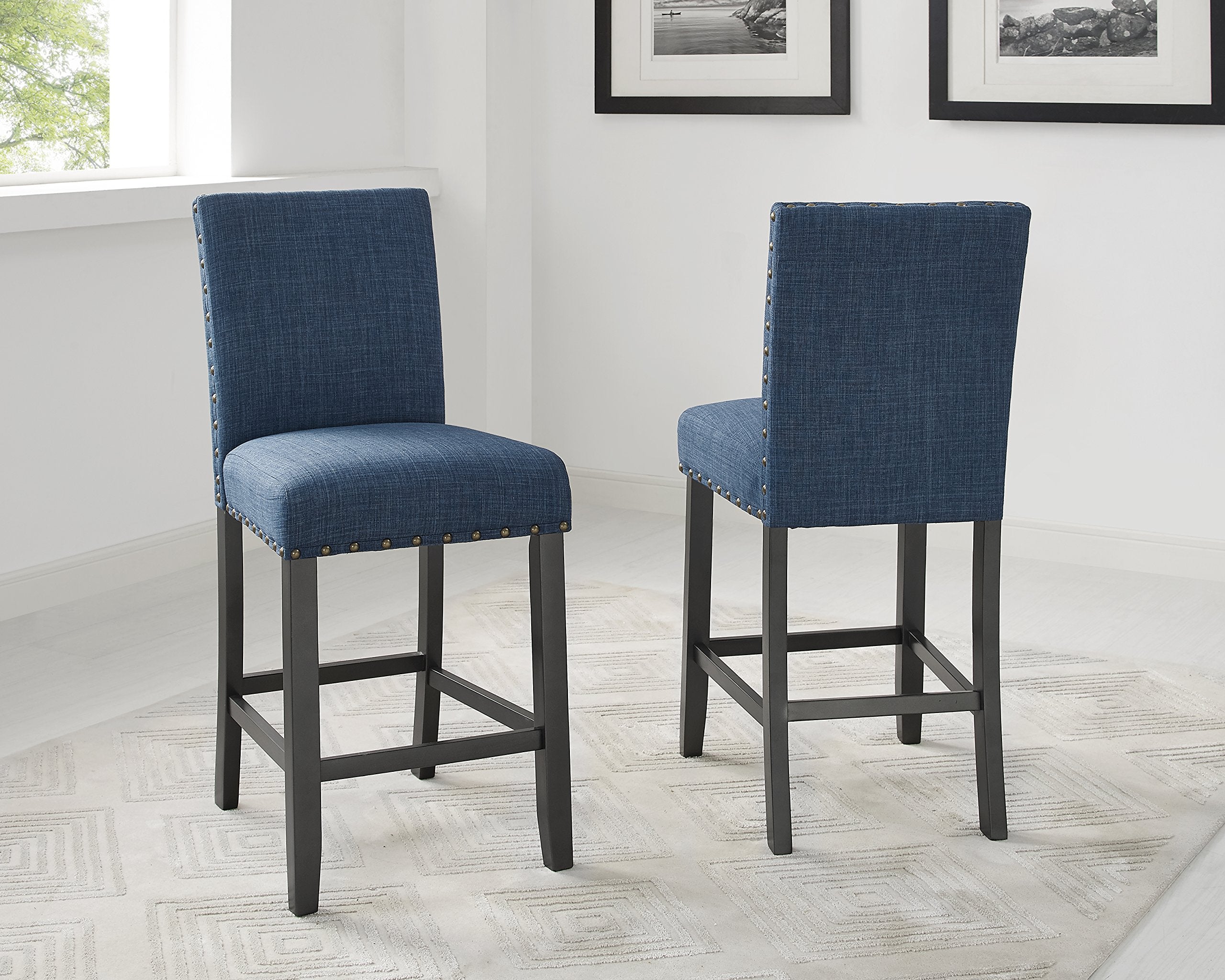 Espresso Counter Height Dining Set with Blue Nailhead Stools