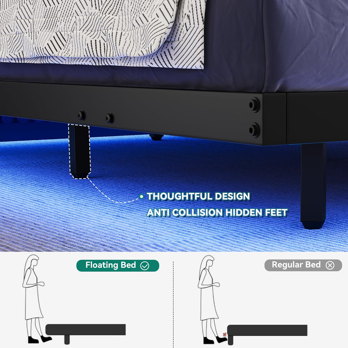 Queen Size Floating Bed Frame with RGB LED Lights and Built-in Charging Ports