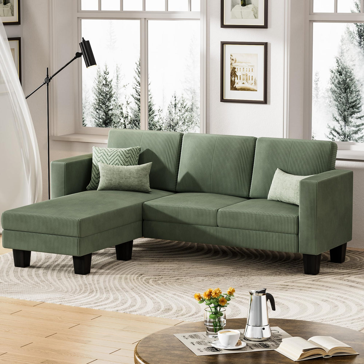 L-Shaped Convertible Sectional Sofa 3 Seater with Corduroy Fabric