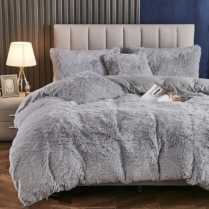 Plush Fluffy Duvet Cover King Size Luxury Ultra Soft Shaggy Duvet Cover Set Faux Fur