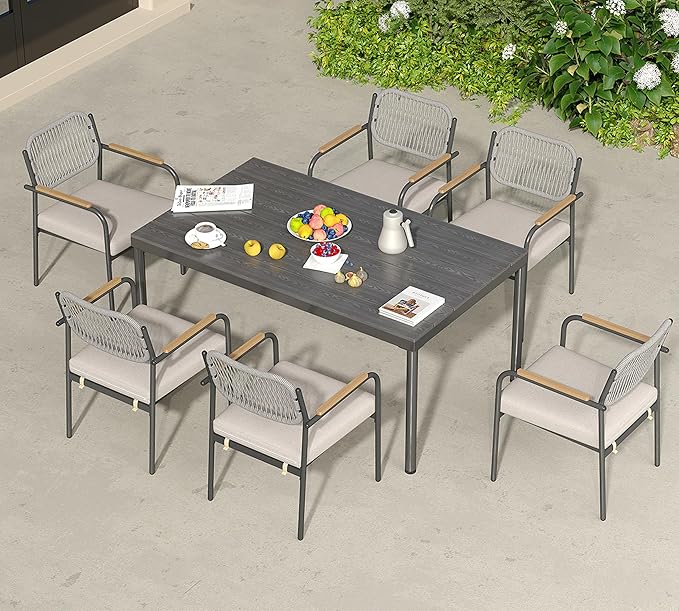 Wicker Outdoor Dining Set for 6, Upholstered 7 Piece Patio Dining Set with Armrests