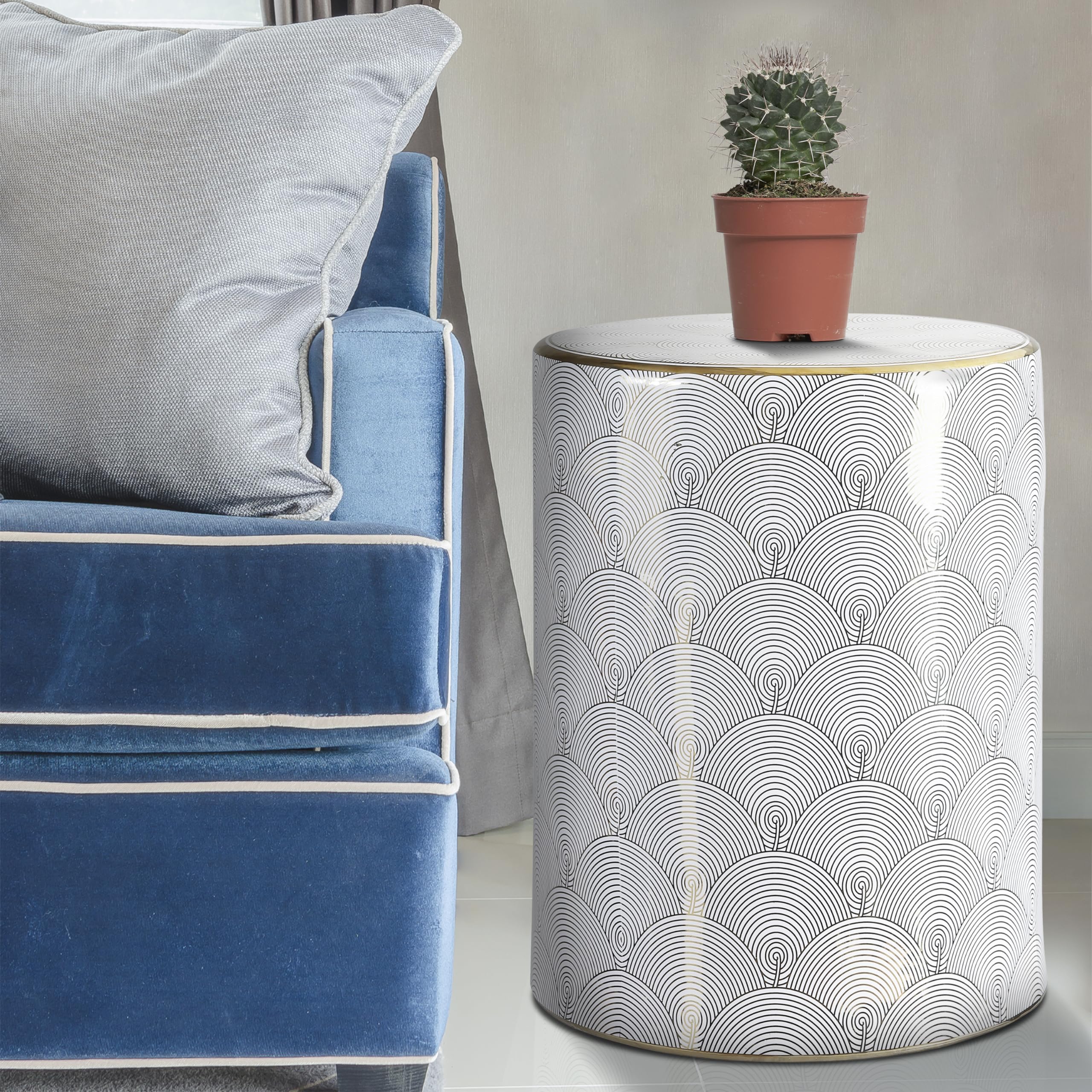TBL1001A Fish Scale 17" Modern Ceramic Garden Stool, Coastal, Contemporary, Transitional,