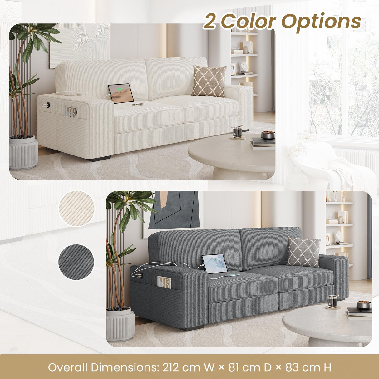 83.5" W Modern Sofa Couch 2 Seater Corduroy Fabric Sofa