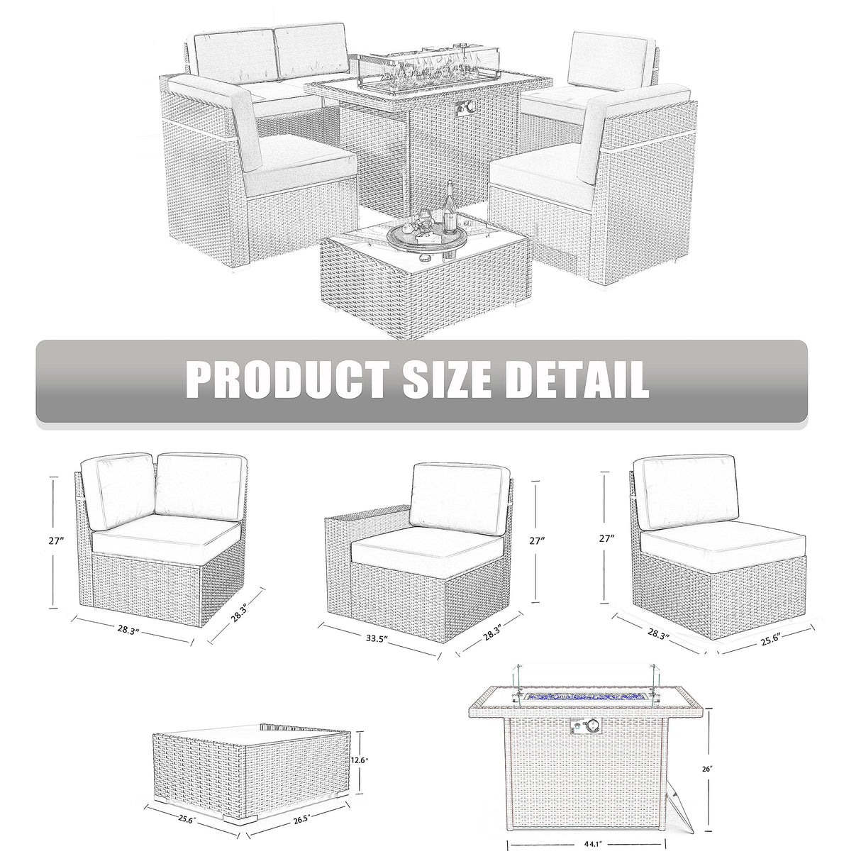 Outdoor Patio Furniture Set with 44" Fire Pit Table Rattan Sectional Sofa