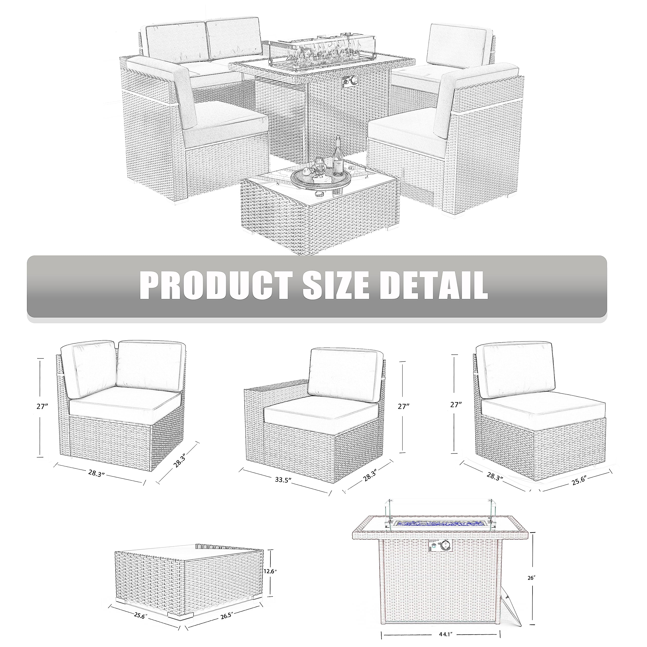 Outdoor Patio Furniture Set with 44" Fire Pit Table Rattan Sectional Sofa