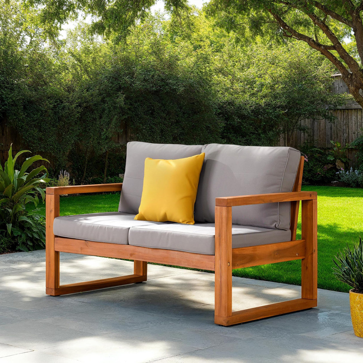 Sorrento Modern Acacia Wood Outdoor Loveseat with Cushions, 30 Inch, Brown