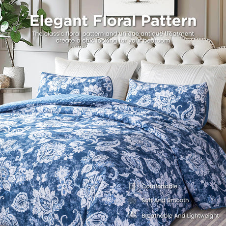 Blue and White Floral Queen Size Comforter Set