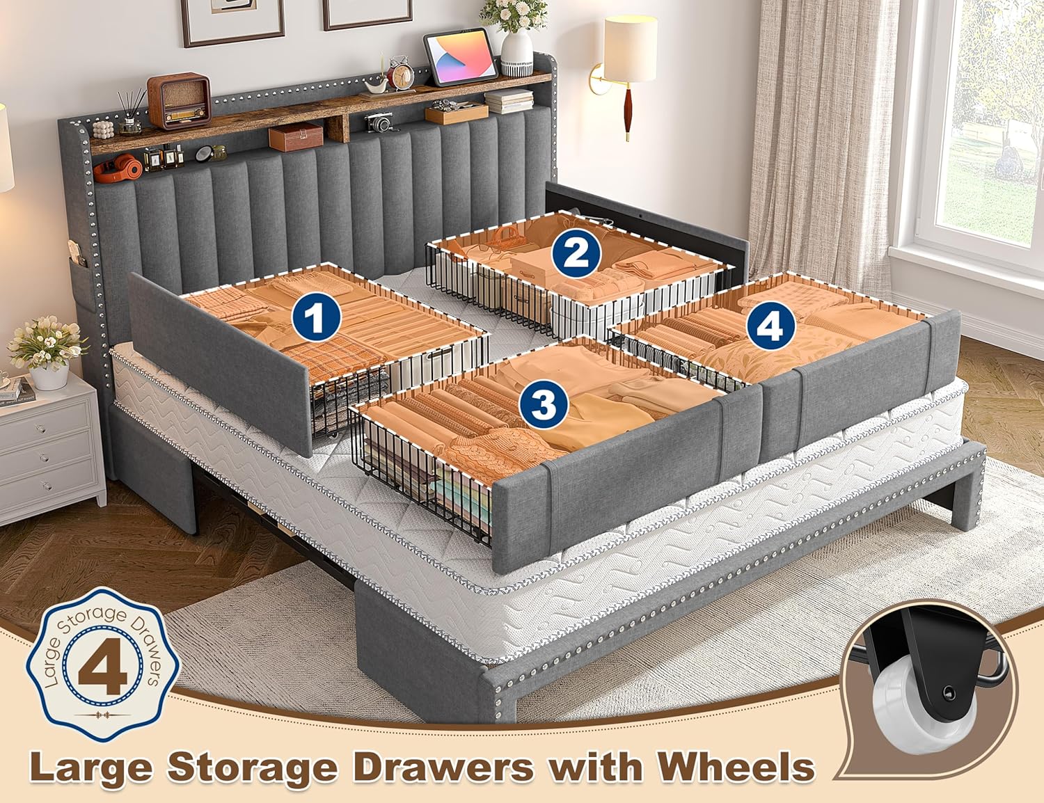 King Size Upholstered Bed Frame with 4 Storage Drawers and Headboard Shelves