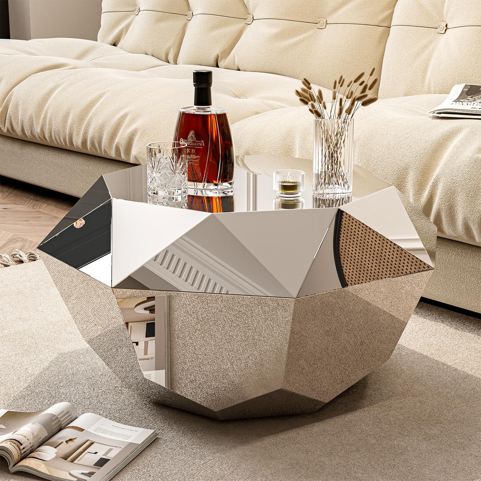 Modern Silver Stainless Coffee Table, Small Diamond Fashion Design
