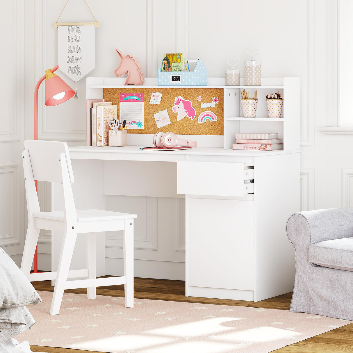 Study Desk with Chair, Kids Desk and Chair Sets with Hutch and Storage Cabinet, Wooden Children Study Table, Student Writing Desk Computer Workstation for 5-12 Years Old