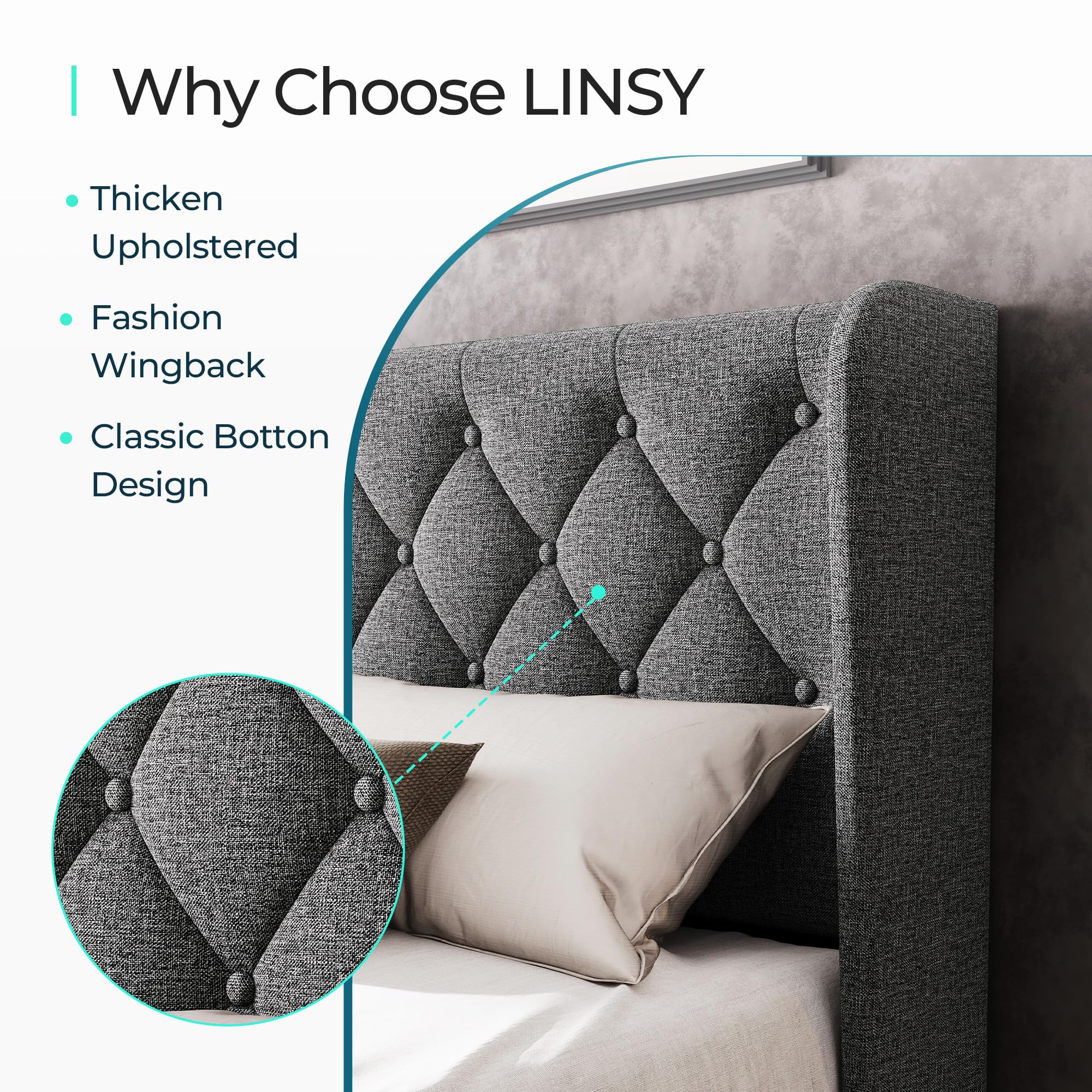 Full Size Bed Frame with Headboard, Linen Upholstered Bed Frame with Solid Wooden Slats Support,