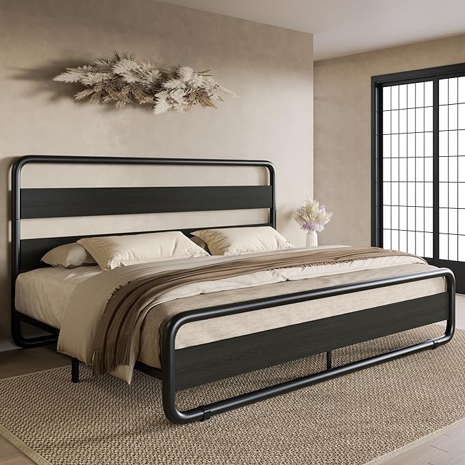 Full Size Metal Bed Frame with Wooden Headboard and Footboard, Heavy Duty Oval