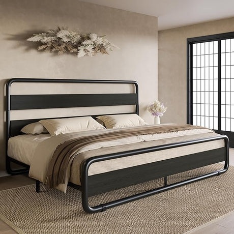 Full Size Metal Bed Frame with Wooden Headboard and Footboard, Heavy Duty Oval