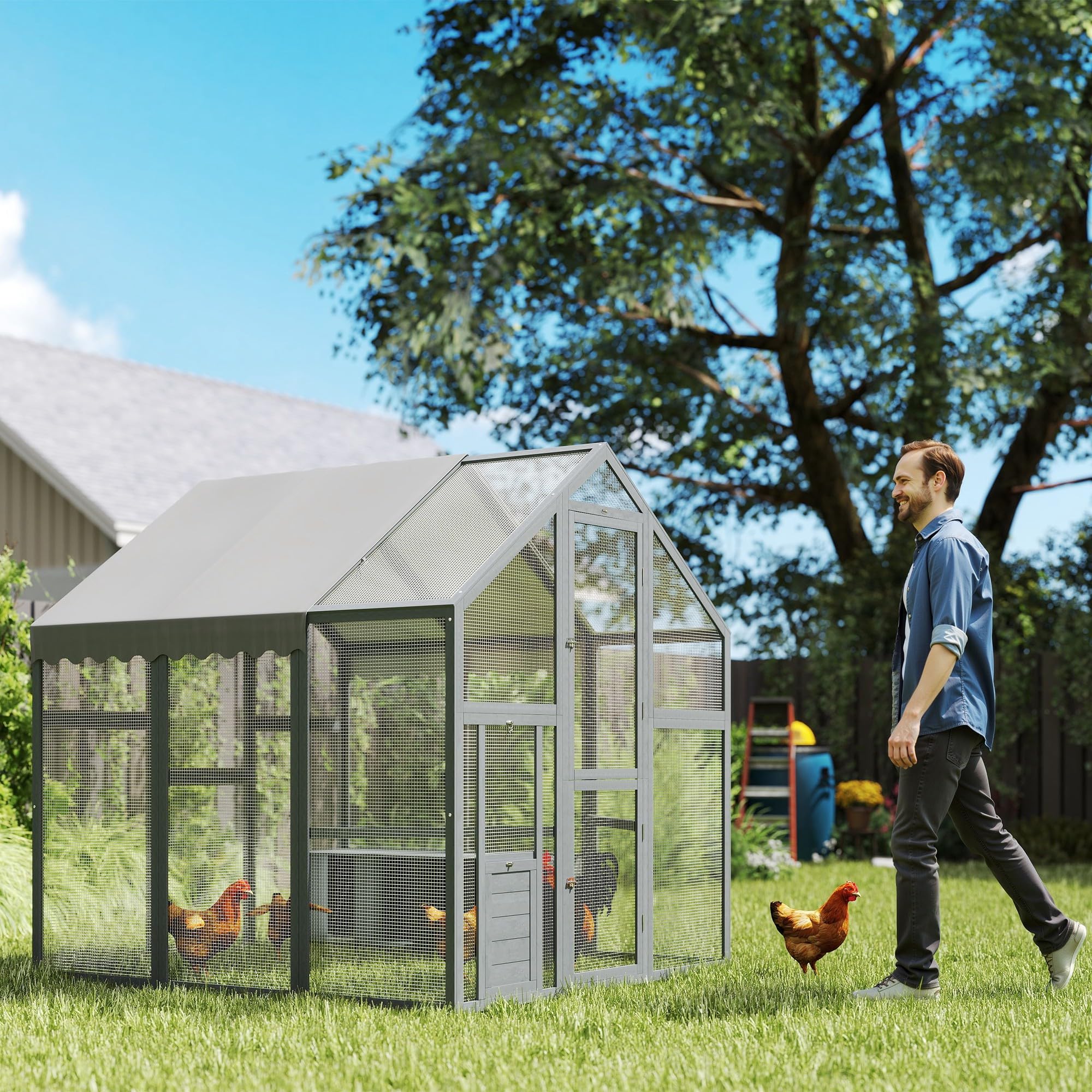 Large Chicken Run, Wooden Chicken Coop with Waterproof & Anti-UV Cover, Split Door
